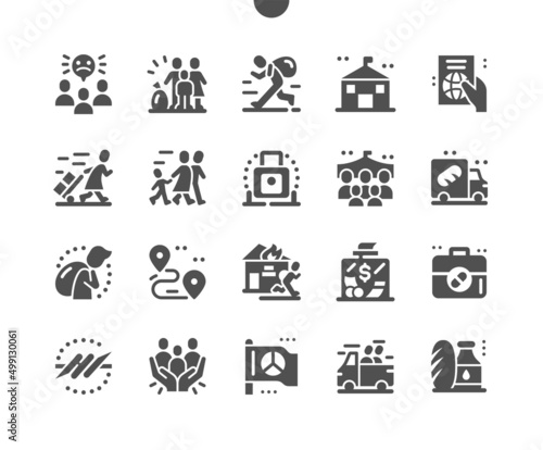 Refugee. Donations for refugees. Immigrant, migrant, homeless. Refugee family. Support and assistance. Vector Solid Icons. Simple Pictogram