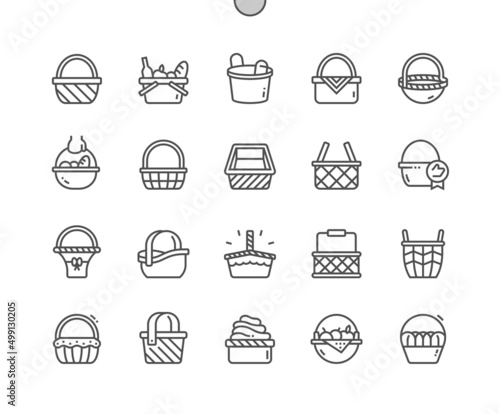Wicker basket. Decorative basketry picnic containers. Home decoration. Pixel Perfect Vector Thin Line Icons. Simple Minimal Pictogram