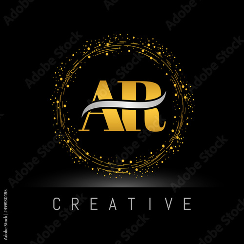 Golden circle Metal Dots AR Logo Design. AR Letter Logo Design Vector with Dots.