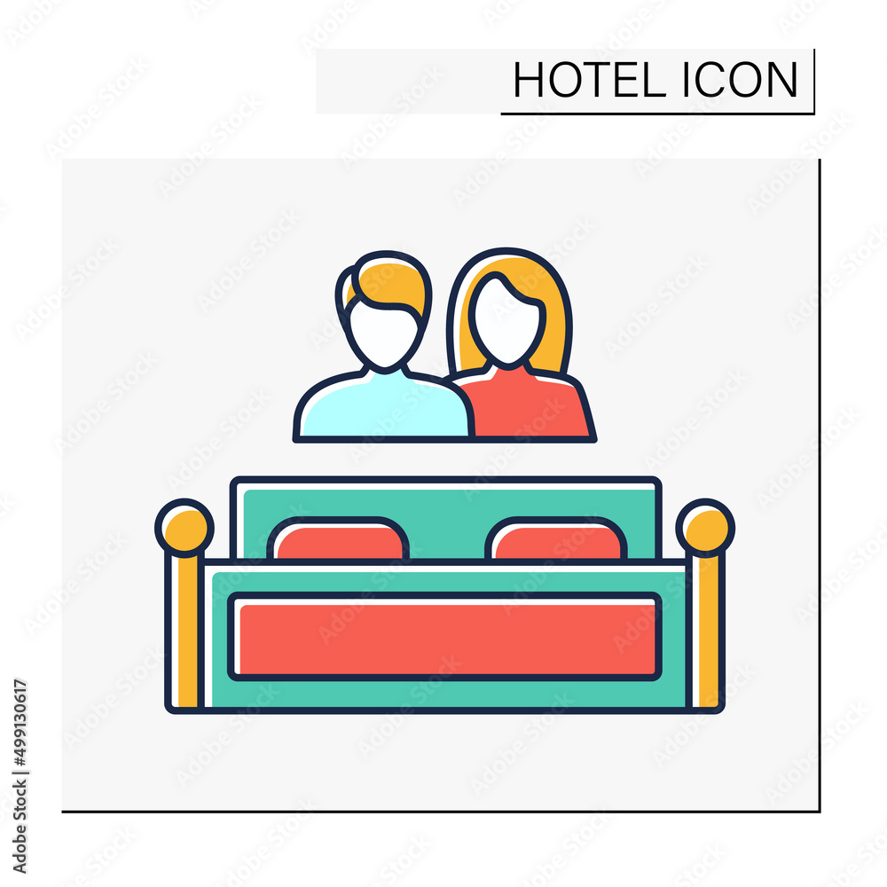 Double room color icon. Hotel room with bedroom for two people, couple. Suitable accommodation with bath. Hotel concept. Isolated vector illustration Double room color icon. Hotel room with bedroom for two people, couple. Suitable accommodation with bath. Hotel concept. Isolated vector illustration
