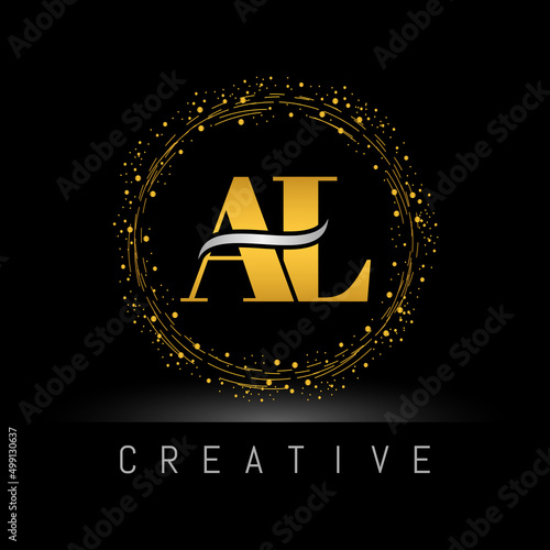 Golden circle Metal Dots AL Logo Design. AL Letter Logo Design Vector with Dots.