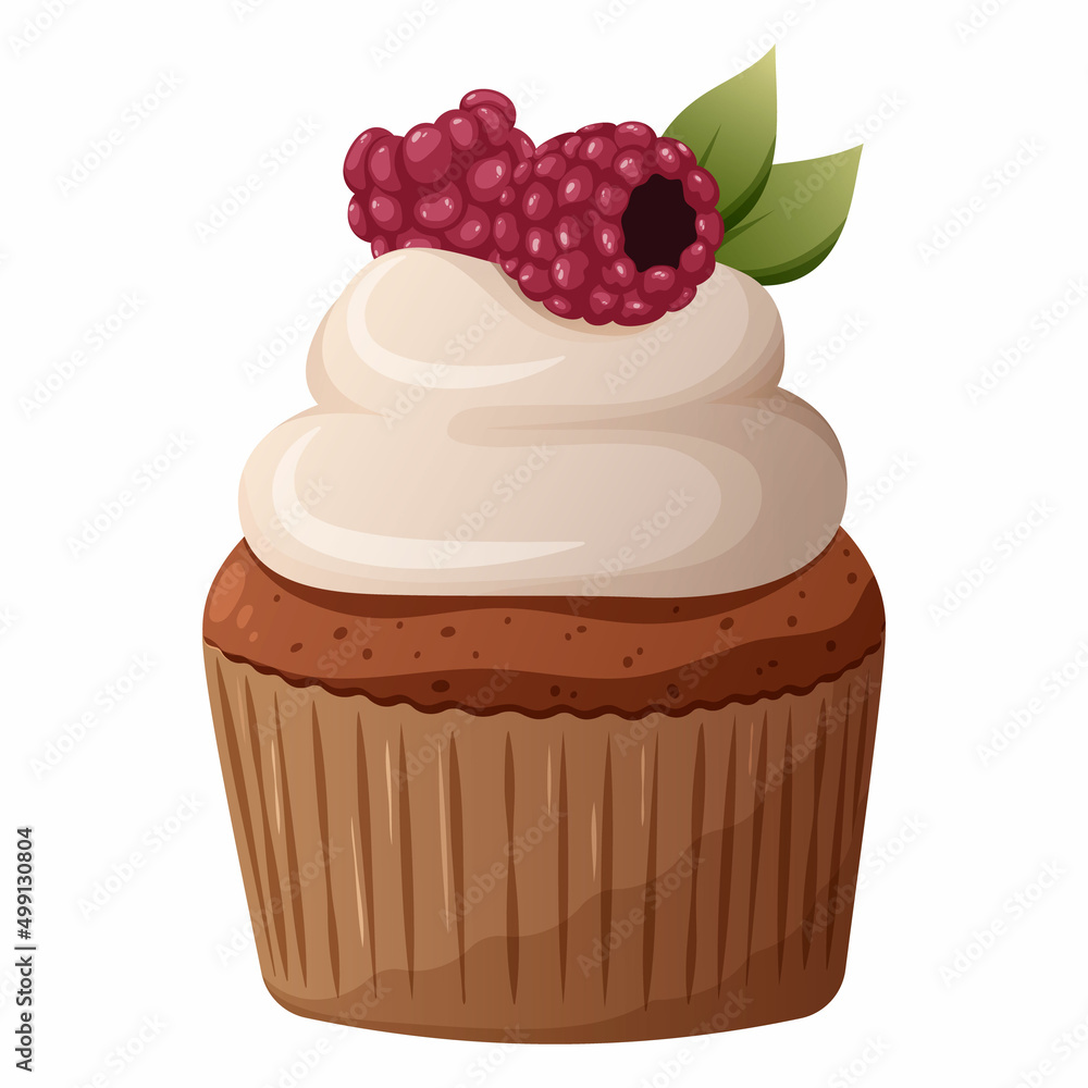 Cupcake with whipped cream and raspberries, leaf decor. Vector image of a cake on a transparent background. Elements of confectionery, baking, bakery, sweets. Cupcake with whipped cream and raspberries, leaf decor. Vector image of a cake on a transparent background. Elements of confectionery, baking, bakery, sweets.