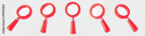 3d red magnifying glass icon set isolated on gray background. Render minimal transparent loupe search icon for finding, reading, research, analysis information. 3d cartoon realistic vector.