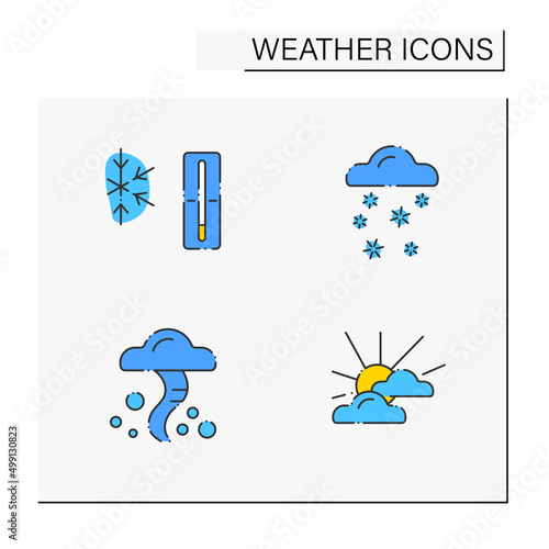 Weather color icons set. Snow, cold weather, tornado, partly cloudy. Meteorology concept. Isolated vector illustrations