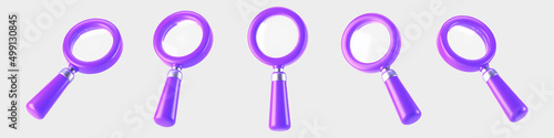 3d purple magnifying glass icon set isolated on gray background. Render minimal transparent loupe search icon for finding, reading, research, analysis information. 3d cartoon realistic vector.