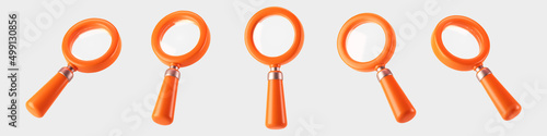 3d orange magnifying glass icon set isolated on gray background. Render minimal transparent loupe search icon for finding, reading, research, analysis information. 3d cartoon realistic vector