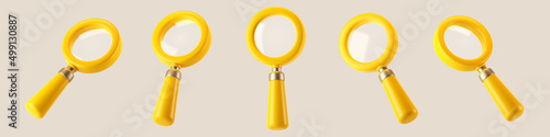 3d yellow magnifying glass icon set isolated on gray background. Render minimal transparent loupe search icon for finding, reading, research, analysis information. 3d cartoon realistic vector