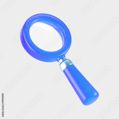 3d blue magnifying glass icon isolated on gray background. Render minimal transparent loupe search icon for finding, reading, research, analysis information. 3d cartoon realistic vector