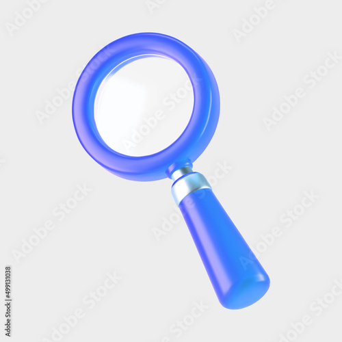 3d blue magnifying glass icon isolated on gray background. Render minimal transparent loupe search icon for finding, reading, research, analysis information. 3d cartoon realistic vector