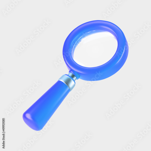 3d blue magnifying glass icon isolated on gray background. Render minimal transparent loupe search icon for finding, reading, research, analysis information. 3d cartoon realistic vector