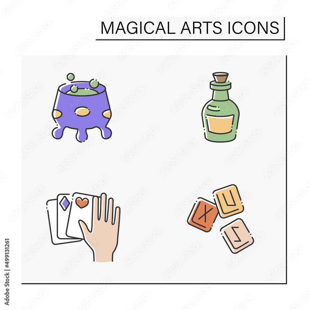 Magical arts color icons set. Brewing potion, love and death potion, magic trick, rune stones. Rituals concept. Isolated vector illustration