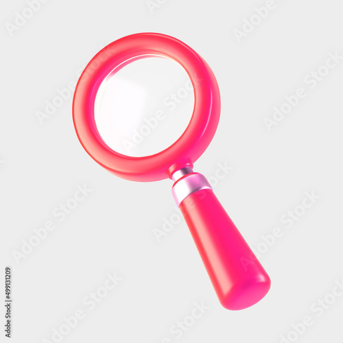 3d pink magnifying glass icon isolated on gray background. Render minimal transparent loupe search icon for finding, reading, research, analysis information. 3d cartoon realistic vector