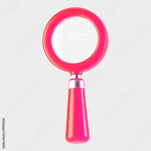 3d pink magnifying glass icon isolated on gray background. Render minimal transparent loupe search icon for finding, reading, research, analysis information. 3d cartoon realistic vector