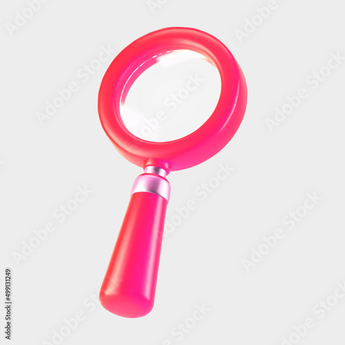 3d pink magnifying glass icon isolated on gray background. Render minimal transparent loupe search icon for finding, reading, research, analysis information. 3d cartoon realistic vector