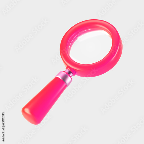 3d pink magnifying glass icon isolated on gray background. Render minimal transparent loupe search icon for finding, reading, research, analysis information. 3d cartoon realistic vector