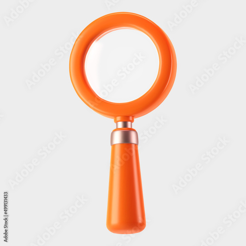 3d orange magnifying glass icon isolated on gray background. Render minimal transparent loupe search icon for finding, reading, research, analysis information. 3d cartoon realistic vector