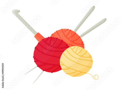 Vector illustration of wool yarn and knitting hooks. World Knitting Day in public. Favorite hobby. Cute and cartoon illustration. Handmade products, emblems, design