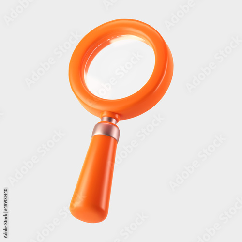 3d orange magnifying glass icon isolated on gray background. Render minimal transparent loupe search icon for finding, reading, research, analysis information. 3d cartoon realistic vector
