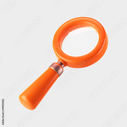 3d orange magnifying glass icon isolated on gray background. Render minimal transparent loupe search icon for finding, reading, research, analysis information. 3d cartoon realistic vector