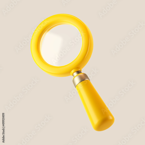 3d yellow magnifying glass icon isolated on gray background. Render minimal transparent loupe search icon for finding, reading, research, analysis information. 3d cartoon realistic vector