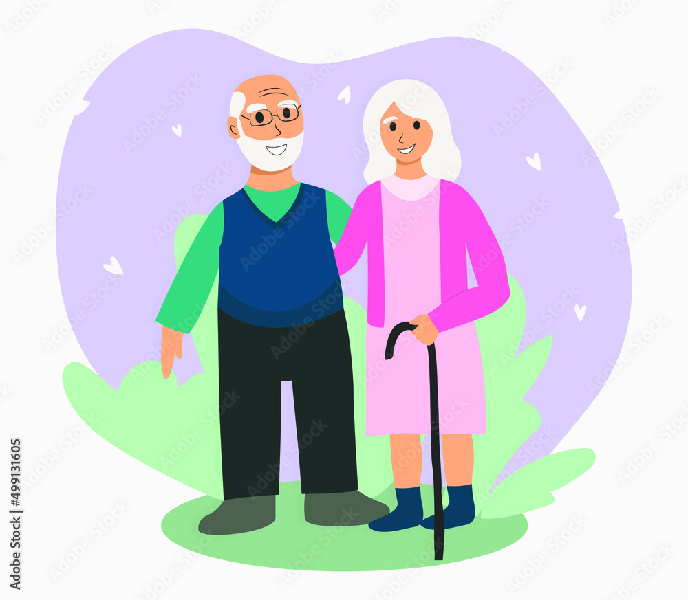 Grandpa and grandma flat design. Illustration of an elderly couple. Grandmother with cane hugs grandfather Grandpa and grandma flat design. Illustration of an elderly couple. Grandmother with cane hugs grandfather