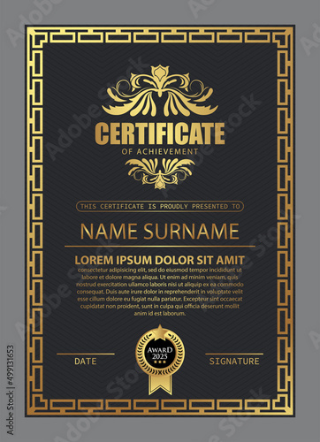 Certificate Design. Diploma currency border template. Dark colored gift voucher award background.