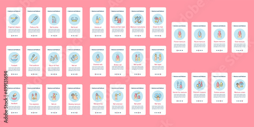 Cosmetology onboarding mobile app. Spa procedures. Manicure and pedicure steps menu. Set of UI, UX, web template with RGB color linear icons