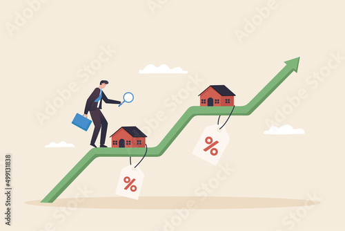 Investing, real estate, Investment Opportunity. Agent Portfolio, Real Estate Investor concept. Housing prices increase. A businessman walks on a green graph of rising house prices.