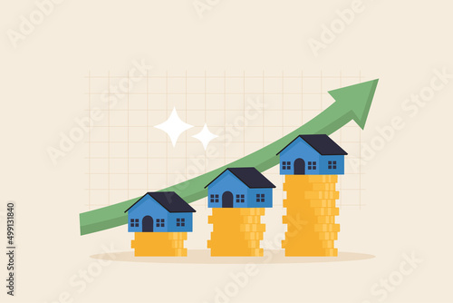 Real estate House on stack of coins. money stack. house, building, home. Arrow chart rising house prices.