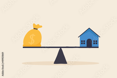 Balancing housing costs. Scale is balancing dollar vs house.