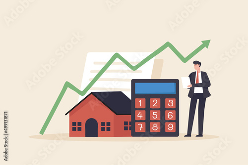 House and real estate money investment. Mortgage Property money investment Buying Home. Man calculates home mortgage rate.