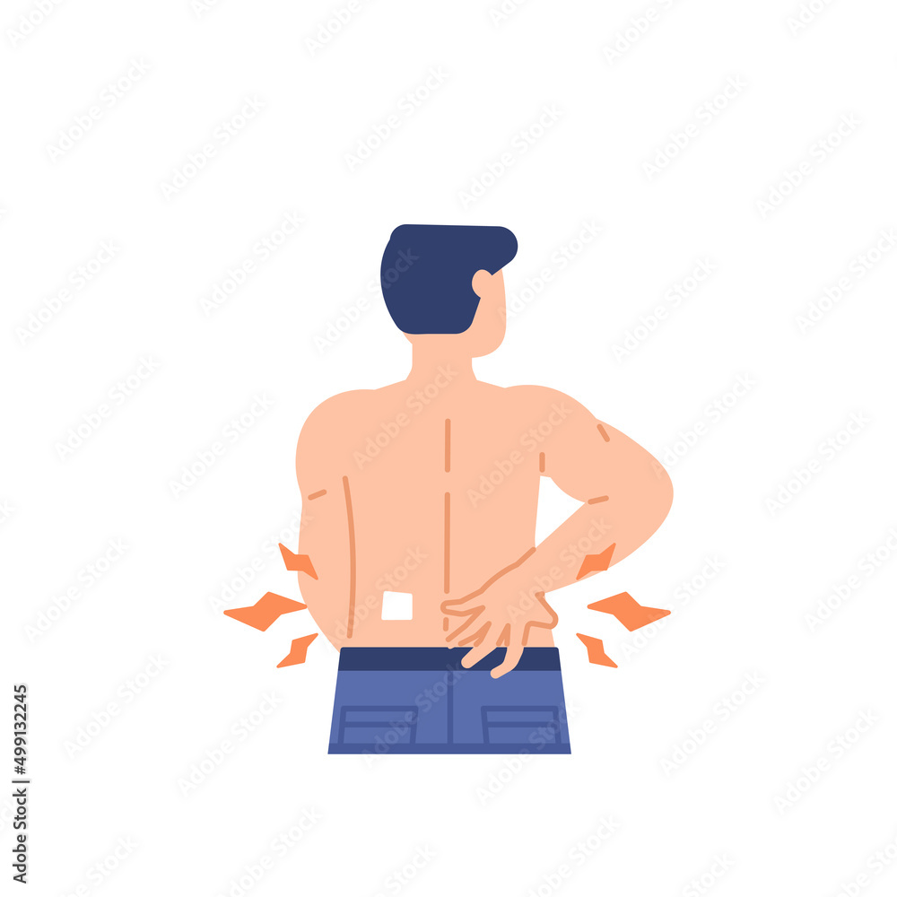 back or lumbar pain, waist pain, gout, rheumatism, muscle aches. illustration of a man using a patch to relieve back pain. health problems. flat cartoon. character design. element