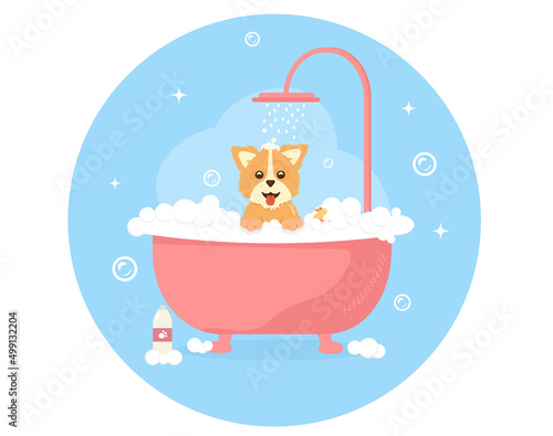 Cute dog taking shower in bath. Dog Spa