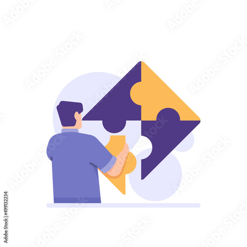 business development, brainstorming, business process.
Businessman assembles or connects puzzle pieces. problem and solution. flat cartoon. concept design. ui, element, landing page