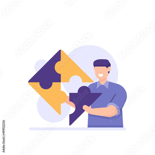 business development, brainstorming, business process.
Businessman assembles or connects puzzle pieces. problem and solution. flat cartoon. concept design. ui, element, landing page