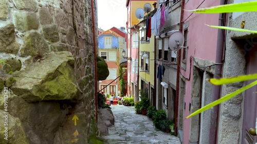 Beautiful street in a tight development of historic houses, Pena Ventosa street in Portugal,