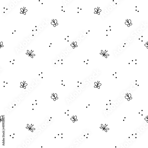 Graphic seamless pattern with simple cartoon butterflies and dots. Vector illustration.