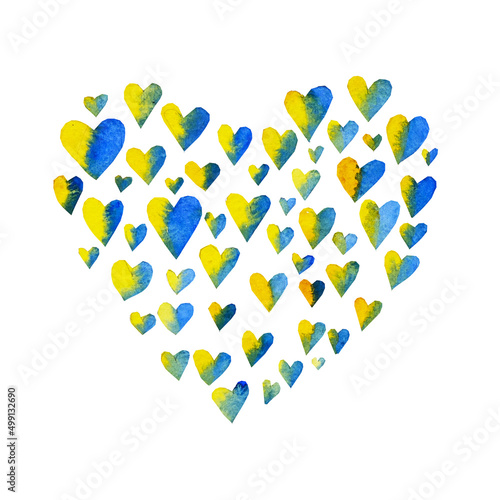 Disegno cuore fatto di tanti cuori. Colori della bandiera ucraina. Sfondo bianco. Pace photo