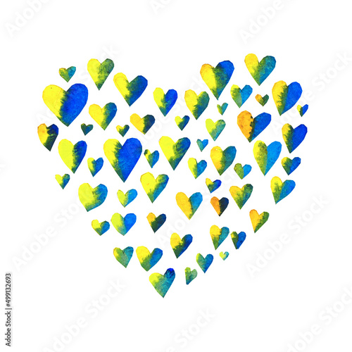 Disegno cuore fatto di tanti cuori. Colori della bandiera ucraina. Sfondo bianco photo