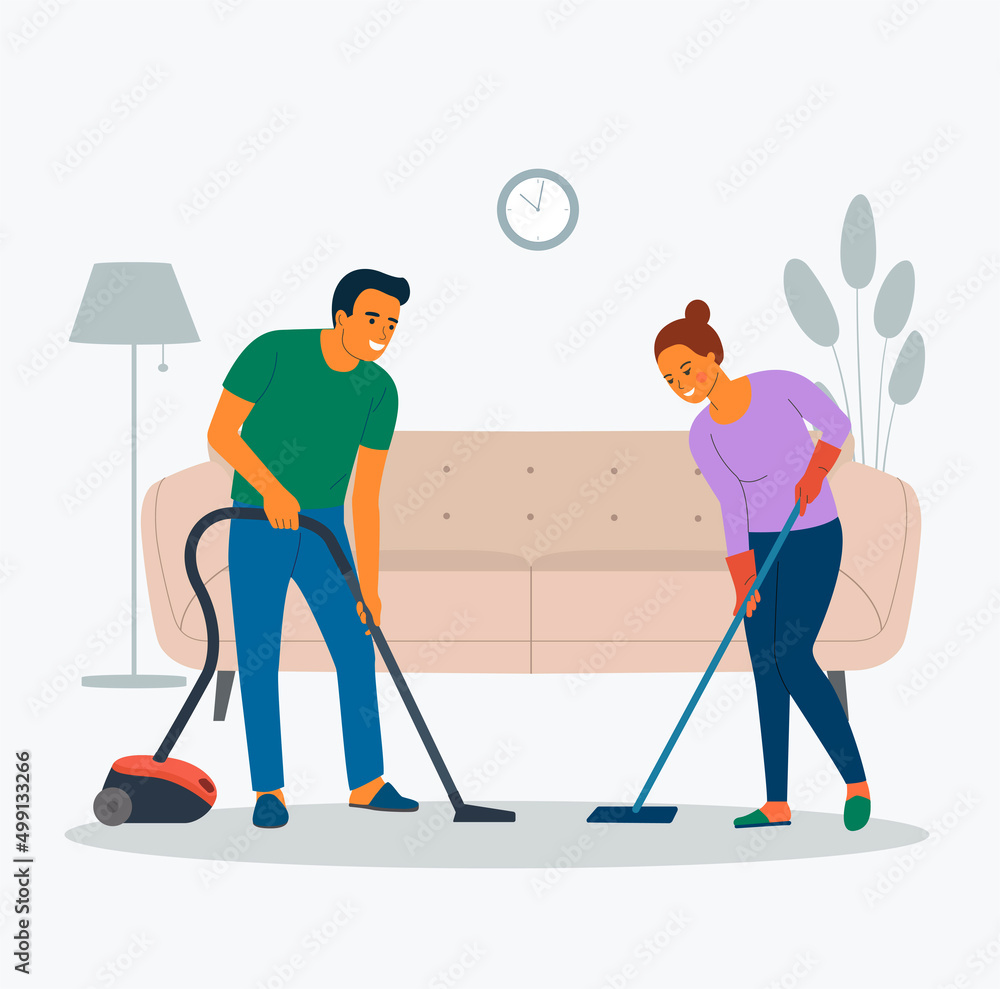Man vacuuming the floor and Young woman with mop in the living room. Vector flat style illustration