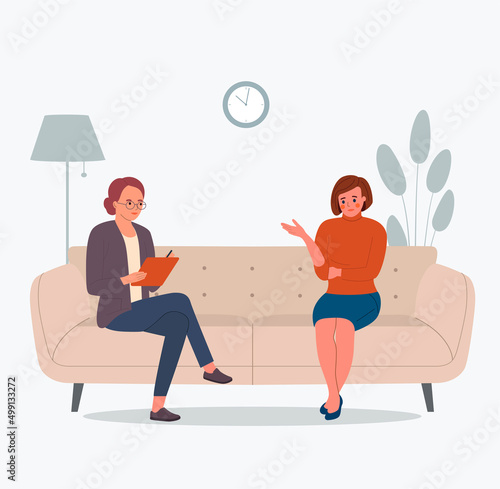 Sad girl talking with psychologist on the sofa. Vector flat style illustration