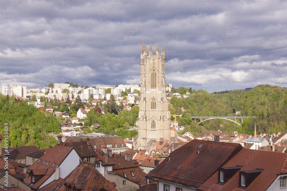 Cloase up of the Saint Nicolas Cathedral in the city of Fribourg