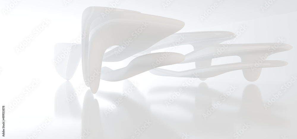 Luxury white abstract architectural minimalistic background. Contemporary showroom. Modern exhibition stand. Empty gallery. Backlight. Polygonal Graphic Design. 3D illustration and rendering.