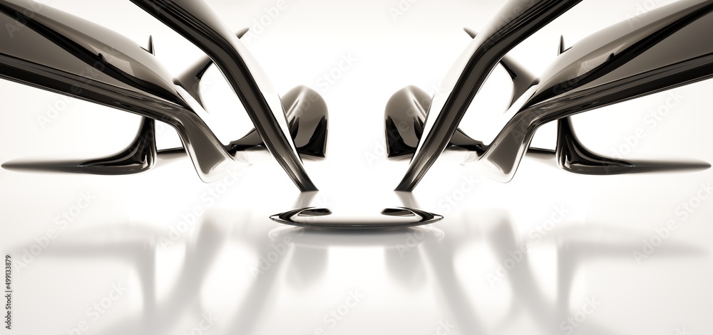 Luxury parametric abstract architectural minimalistic background. Contemporary showroom. Modern black exhibition tunnel. Empty gallery. Stand, table. Interior backlight. 3D illustration and rendering.