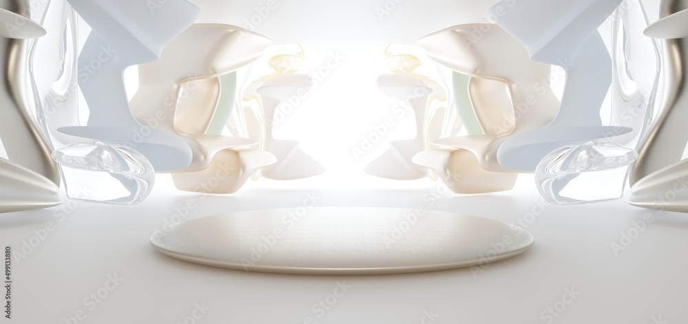 Luxury parametric abstract architectural minimalistic background. Contemporary showroom. Modern colored glass exhibition tunnel. Empty gallery. Backlight. 3D illustration and rendering.