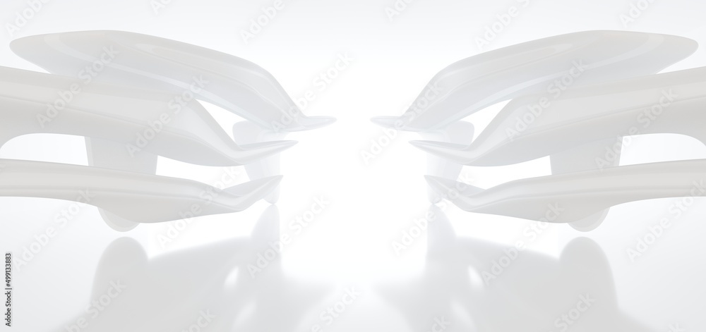 Luxury white abstract architectural minimalistic background. Contemporary showroom. Modern exhibition stand. Empty gallery. Backlight. Polygonal Graphic Design. 3D illustration and rendering.
