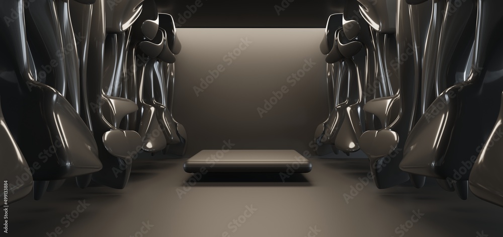 Luxury gold parametric abstract architectural minimalistic background. Contemporary showroom. Modern black exhibition Empty gallery. Interior backlight. 3D illustration and rendering.