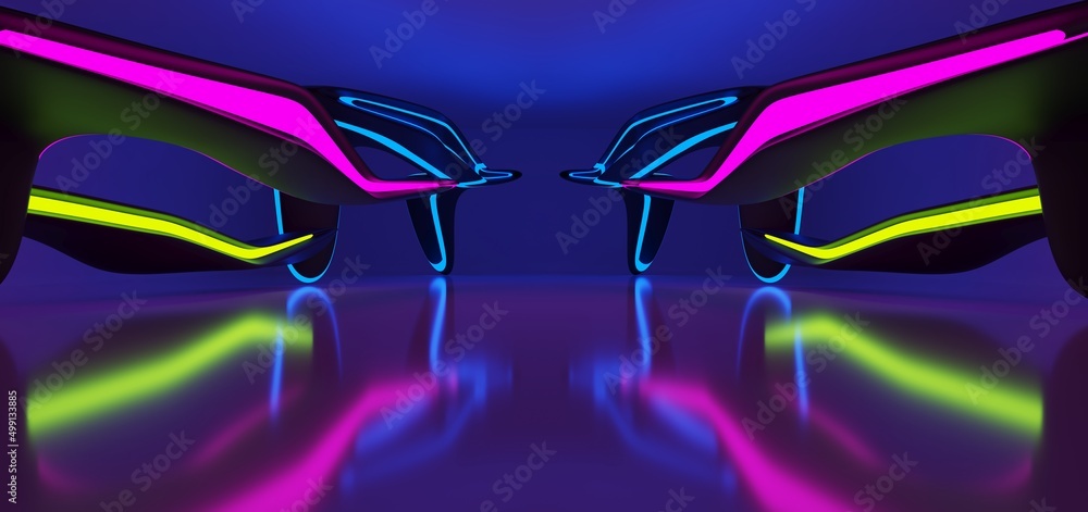 Abstract architectural minimalistic background. Laser show in the ultraviolet spectrum. Modern impulse tunnel. Futuristic space sci-fi frame neon backlight. 3D illustration and rendering.