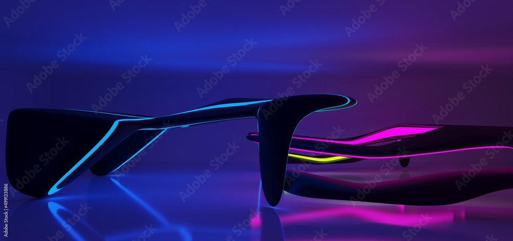Abstract architectural minimalistic background. Laser show in the ultraviolet spectrum. Modern impulse tunnel. Futuristic space sci-fi frame neon backlight. 3D illustration and rendering.