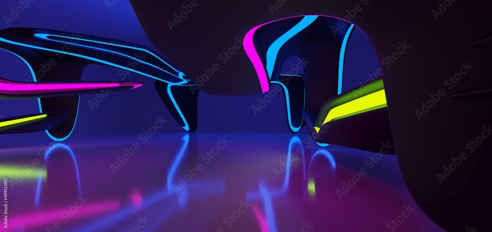 Abstract architectural minimalistic background. Laser show in the ultraviolet spectrum. Modern impulse tunnel. Futuristic space sci-fi frame neon backlight. 3D illustration and rendering.